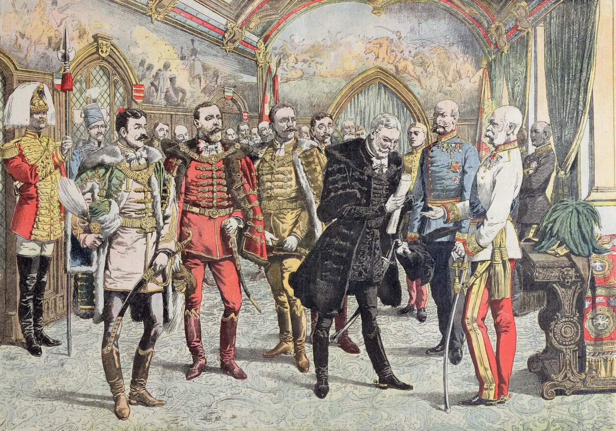 Kryzys austro-węgierski - przyjęcie magnatów węgierskich przez cesarza Franciszka Józefa, ilustracja z Le Petit Journal, 15.10.1905 autorstwa French School