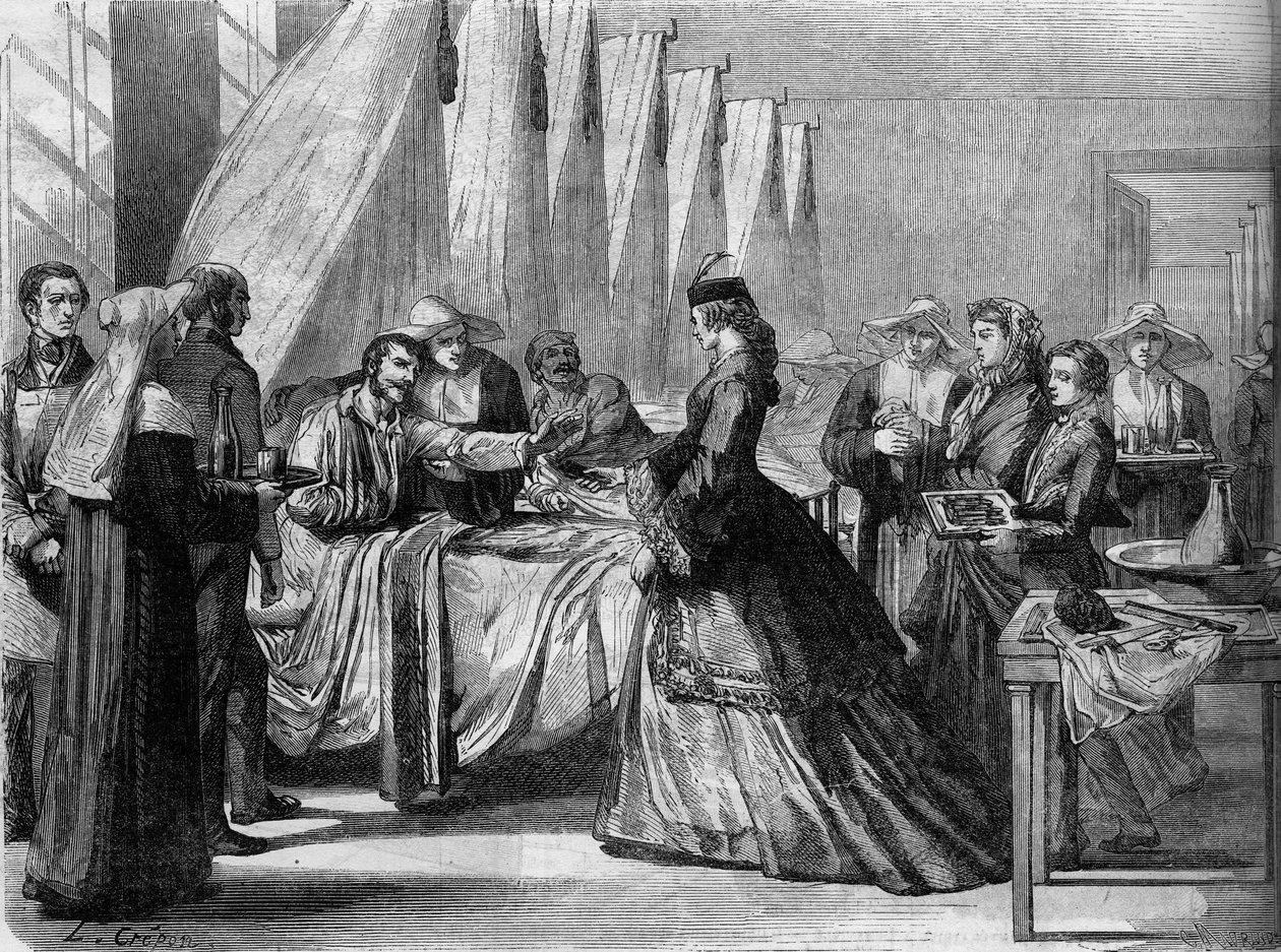Wojna austriacko-pruska (1866): Cesarzowa Elżbieta Austriacka (Sissi) (1837-1898) odwiedza rannych żołnierzy w Wiedniu. Grawerowanie w „”Le Monde Illustré””n°486 z 4 sierpnia autorstwa French School
