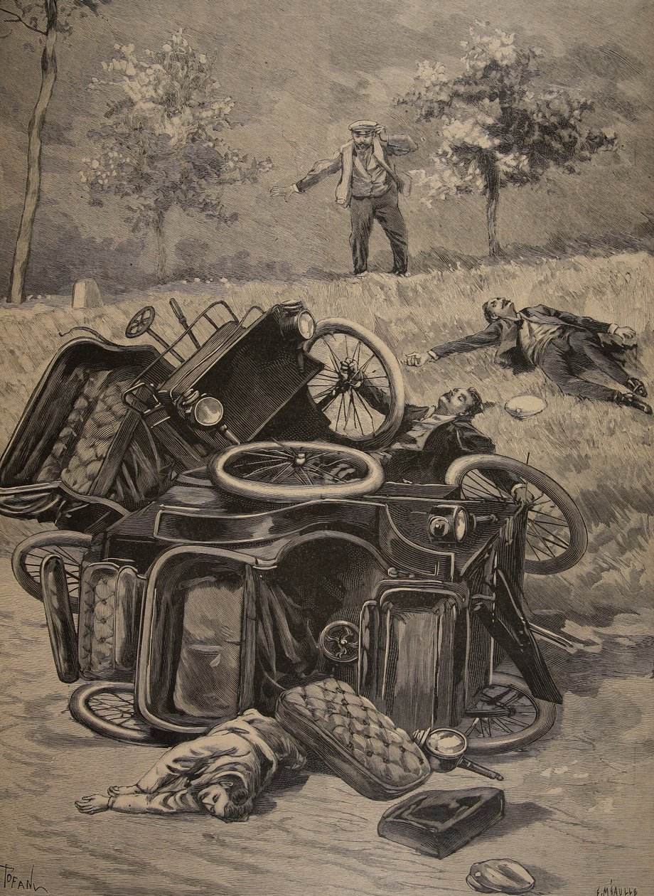 Wypadek samochodowy, ilustracja z Le Petit Journal: Dodatek ilustruje, 1898 autorstwa French School