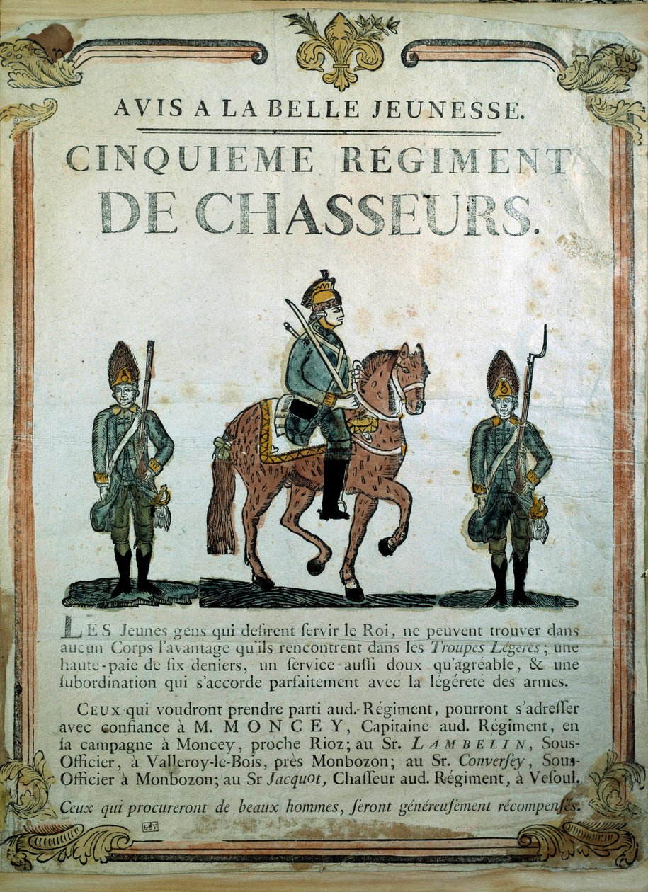 Avis à la Belle Jeunesse, plakat rekrutacyjny do 5 Pułku Łowców z XVIII wieku. Paryż, Musée de l