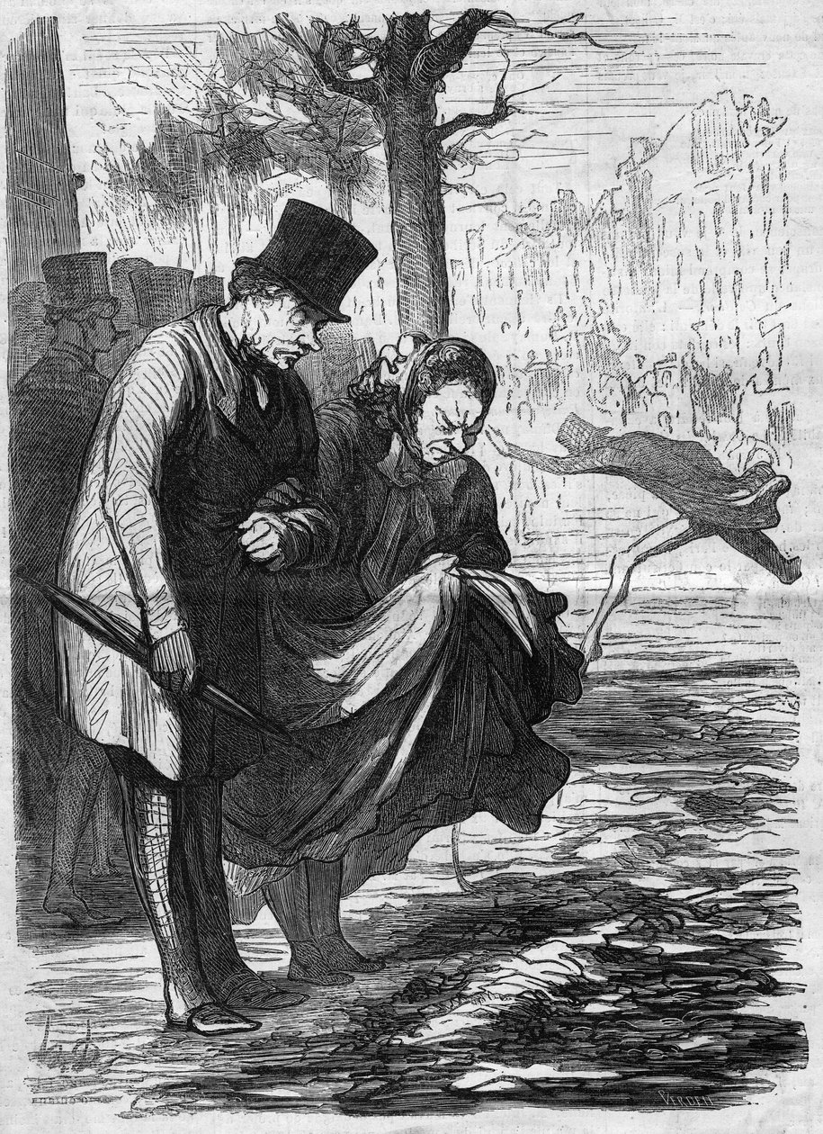 Okropny asfalt!. Karykatura Honore Daumiera (1808-1879). Grawerowanie w „”The Illustrated World””n°277 z 2 sierpnia autorstwa French School