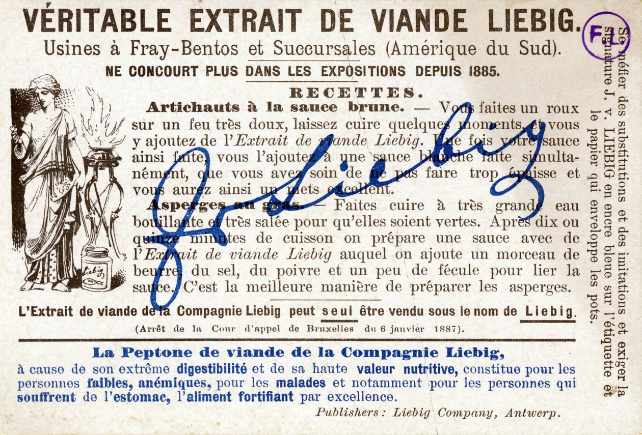 Rewers karty Liebiga) z przepisem karczochów z brązowym sosem. Chromolitografia reklamowa autorstwa French School