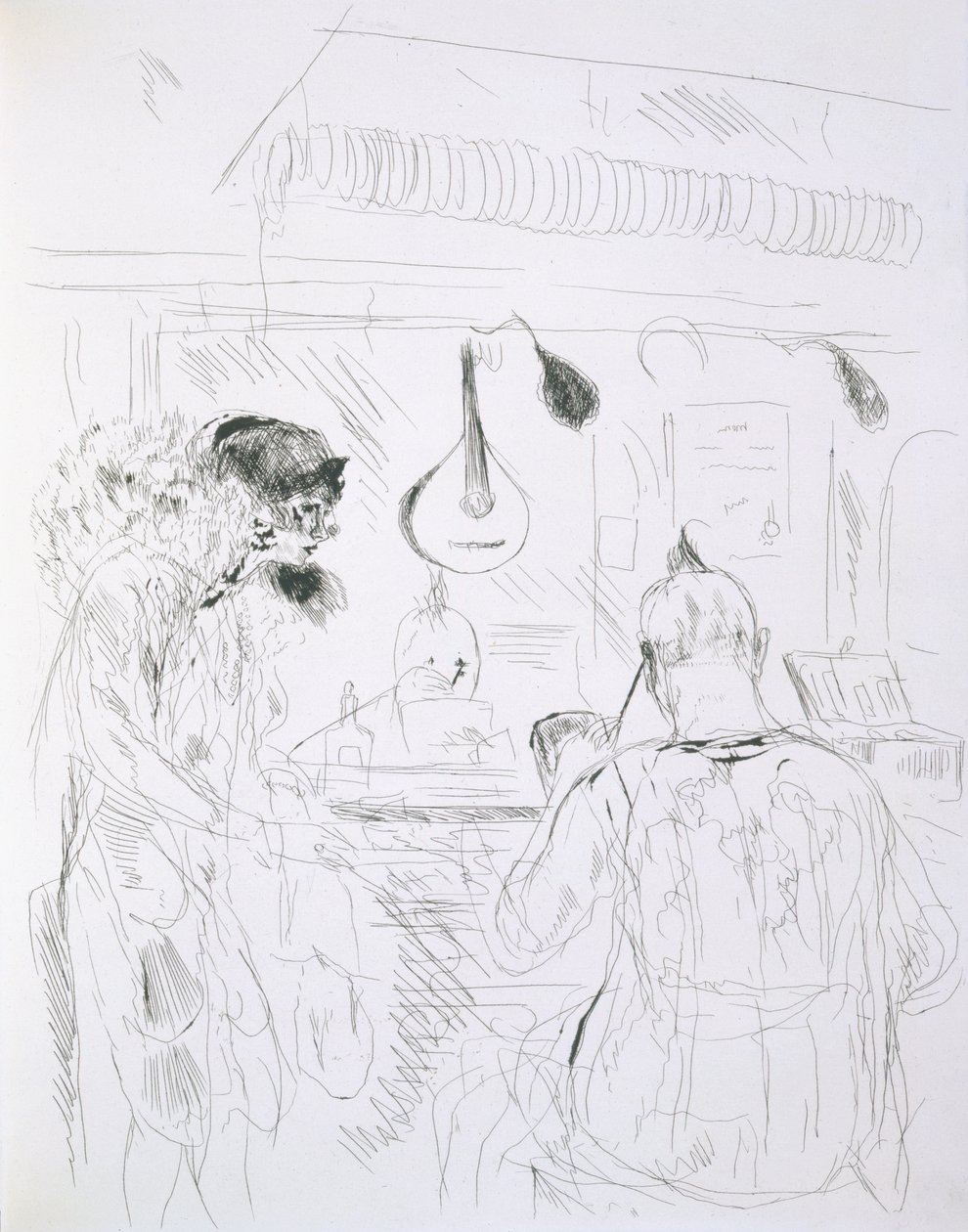 Scena za kulisami w paryskim Bal de Nuit lub cyrku, z Paris Sketches: Etchings by Forain i Raffaelli, 1880 autorstwa French School