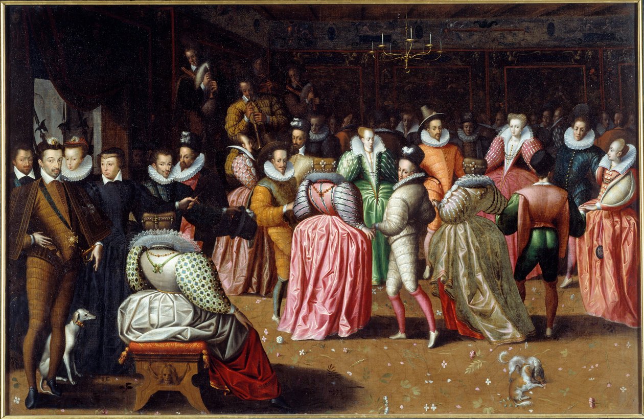 Bal na dworze króla Henryka III i królowej Katarzyny Medycejskiej (Caterina de Medici) znany jako Bal księcia Alencon Po lewej stronie reprezentowani są władcy, w tym królowa Margot (Margarita z Nawarry lub Valois (1553-1615). Malowanie F autorstwa French School