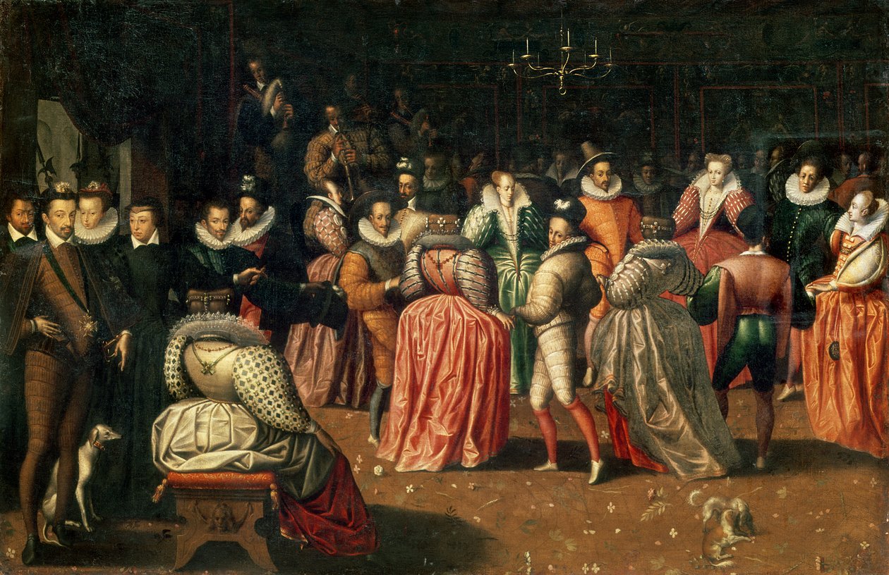 Bal na dworze króla Francji Henryka III, czyli bal księcia Alencon, 2. poł. XVI w. (panel) autorstwa French School