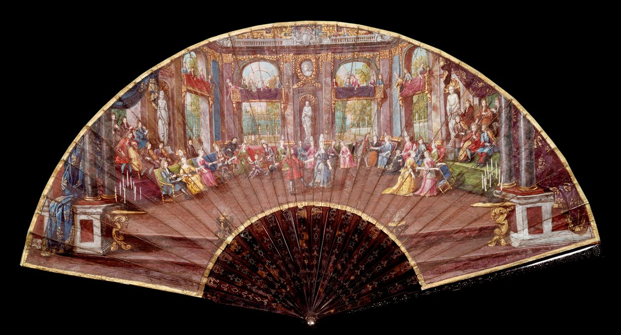 Scena balu na dworze Ludwika XIV (1638-1715) XVIII-wieczny wachlarz Paryż, sztuka dekoracyjna autorstwa French School