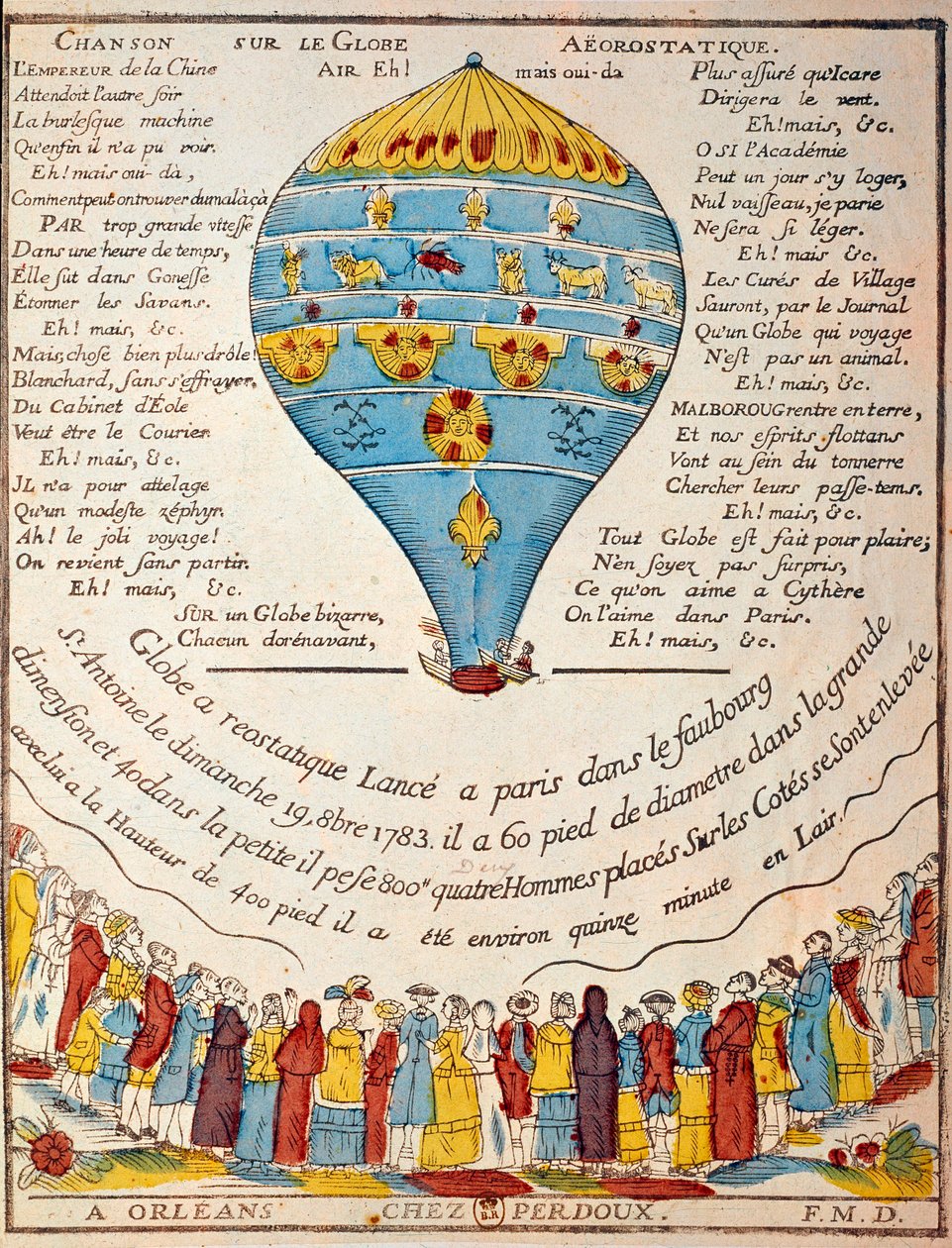 Lot balonem: doświadczenie braci Montgolfier 19 października 1783 r. w ogrodzie Monsieur Reveillon, faubourg Saint Antoine w Paryżu. Rycina z epoki. Paryż, B.N. autorstwa French School