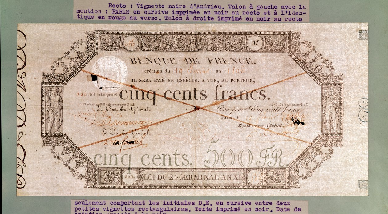 Banknot na 500 franków z 24 Germinału Roku XI 1806 (tusz na papierze) autorstwa French School