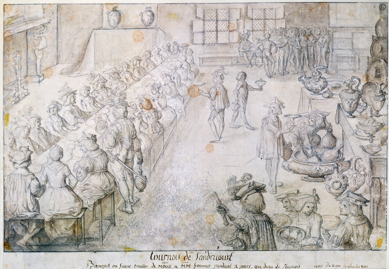Bankiet na Turnieju Sandricourt w 1493 (brązowy tusz i ołówek na papierze) autorstwa French School