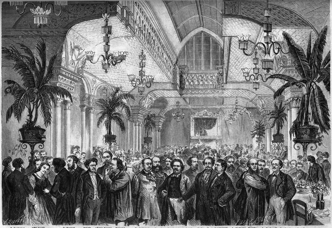 Bankiet gazety "Le Figaro", wydany 6 lutego 1864 w salonie Restaurant du Passage des Princes w Paryżu, na który przybyli dziennikarze, pisarze, artyści... Obecni, od lewej: Nestor Roqueplan , pani Ugalde , de Montaut, Piotr” autorstwa French School