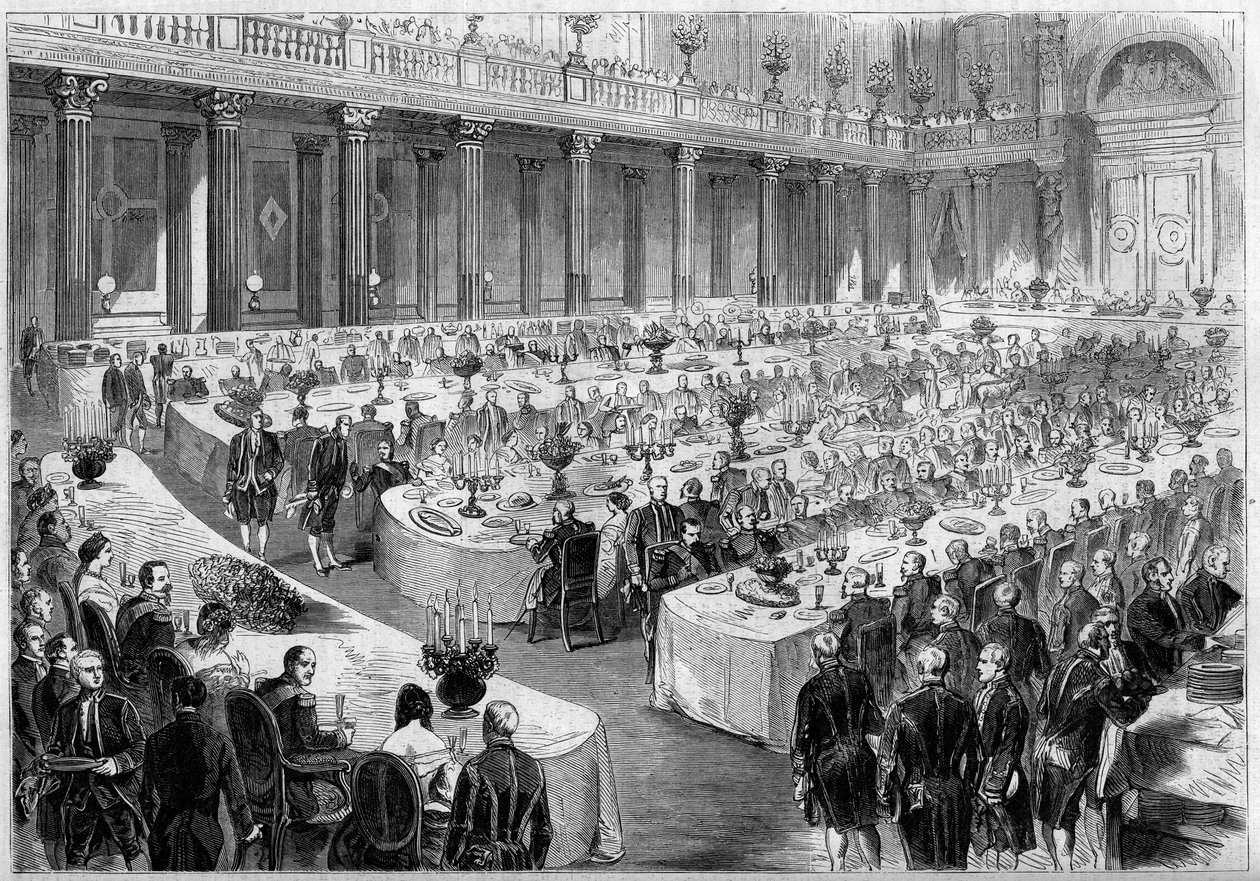 Bankiet zorganizowany 14 sierpnia 1859 r. przez Napoleona III w Sali Państwowej Pawilonu Denona w Luwrze (Paryż) ku czci żołnierzy armii włoskiej po zwycięstwie pod Risorgimento w 1859 r. Grawer w „Le Monde Illustré”” nr 124 z 27 autorstwa French School