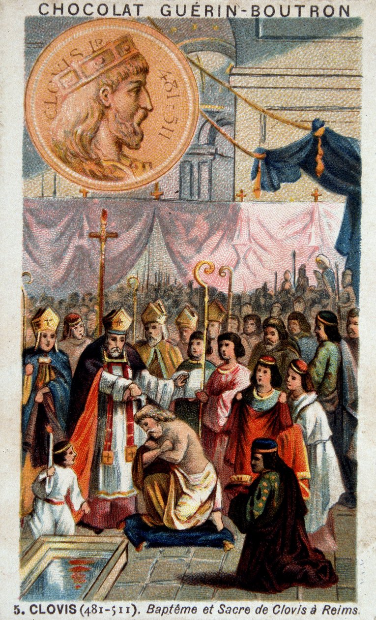 Chrzest i sakra Clovis w katedrze w Reims, 25 grudnia 496, przez św. autorstwa French School