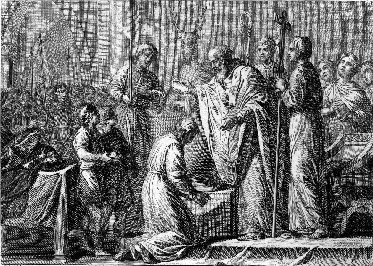Chrzciciel Clovis 1, 25 grudnia 496: król franków (466-511) zostaje ochrzczony przez św. Remi (437-533), wigilię Reims, w kościele św. Marcina. Rycina z XVIII wieku. autorstwa French School