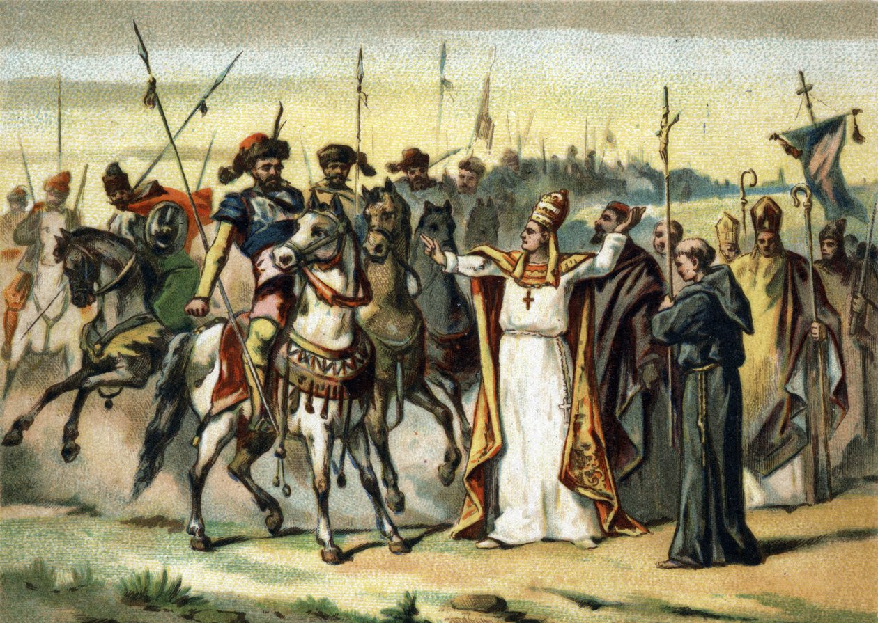Najazdy barbarzyńców - Attyla i św. Leon I Wielki (440-461): barbarzyńca Attyla, przywódca Hunów, spotyka papieża św. Leona Wielkiego, któremu udało się przekonać go do oszczędzenia Włoch. Chromolitografia z końca XIX wieku autorstwa French School