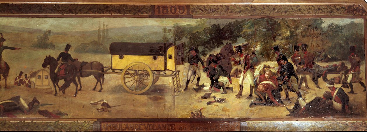 Latająca karetka barona Larreya (Dominique Jean, Baron Larrey 1766 - 1842) w 1809 Anonimowy obraz szkoły francuskiej z XIX wieku. 1809 Paryż, muzeum Val de Grace autorstwa French School