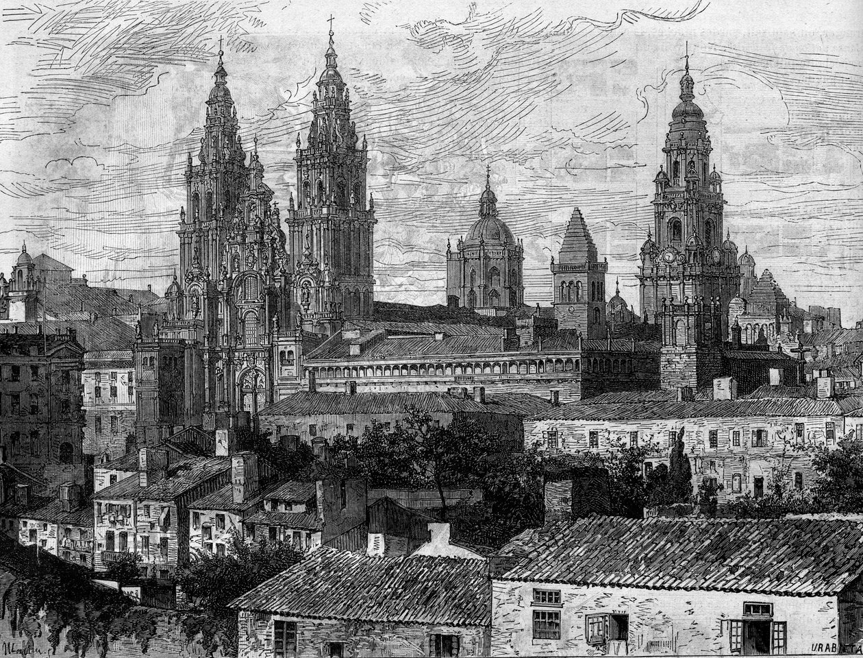 Sztuka baroku: widok na katedrę w Santiago de Compostela (Santiago de Compostela). Hiszpania. Grawer w „”Le Monde Illustré””n°1220 z 14 sierpnia 1880 r. autorstwa French School