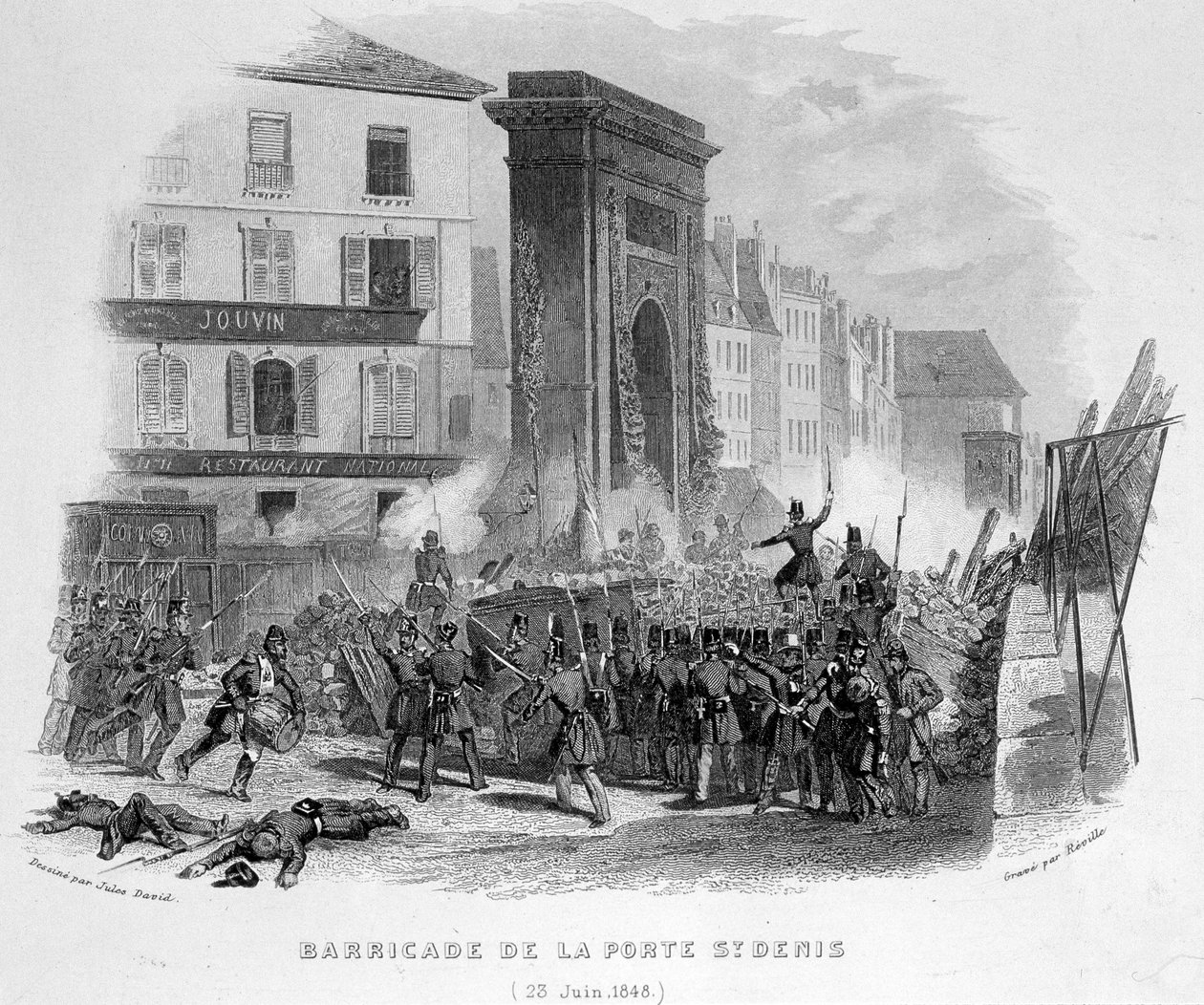 Barykada Porte Saint Denis (23 czerwca 1848) - w „Fasttes de Gardes Nationales de France”” autorstwa French School