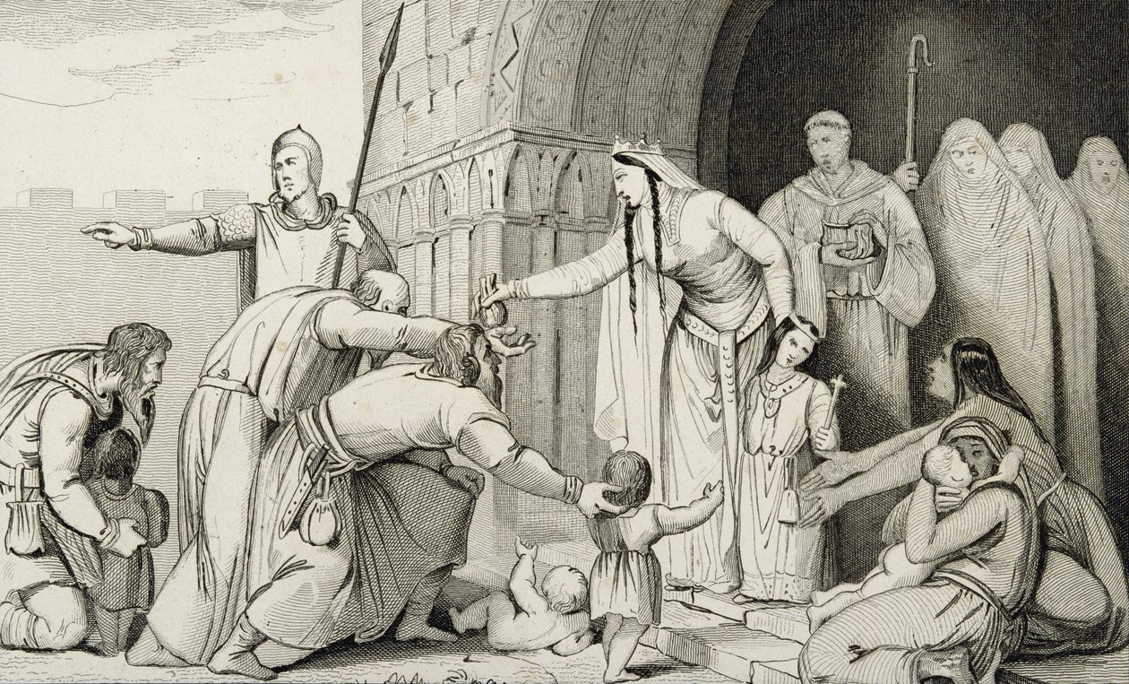 Bathilda daje pieniądze biednym, z „Histoire de France” Colarta, wydana ok. 1840 r. autorstwa French School