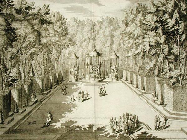 Łaźnie Apolla, Wersal, z „Les Plans, Profiles et Elevations des Ville et Chateau de Versailles”, wydana ok. 1715 (rycina) autorstwa French School