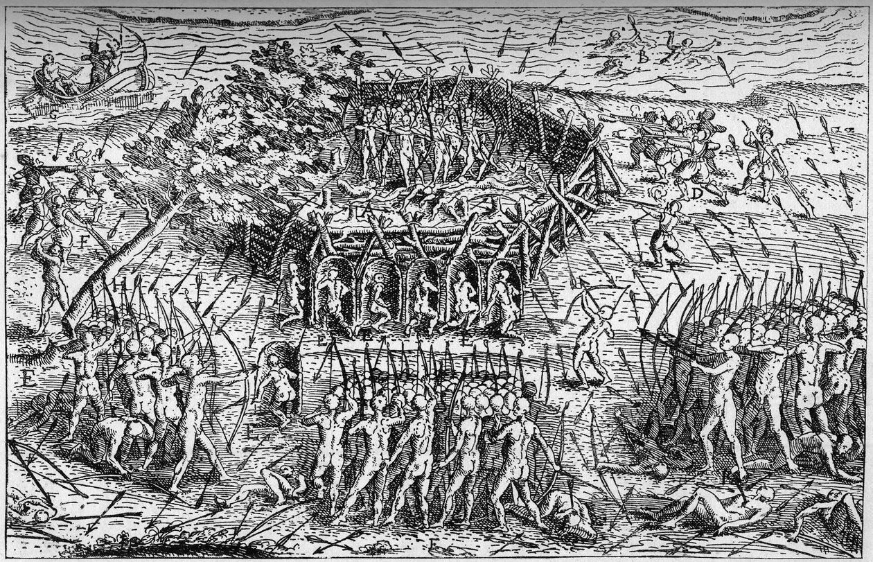 Bitwa pomiędzy francuską armią Samuela de Champlain (ok. 1567-1635) a Irokezami. Kanada, początek XVII wieku. Grawerowanie w „La Marine et les colonies: commerce” autorstwa French School