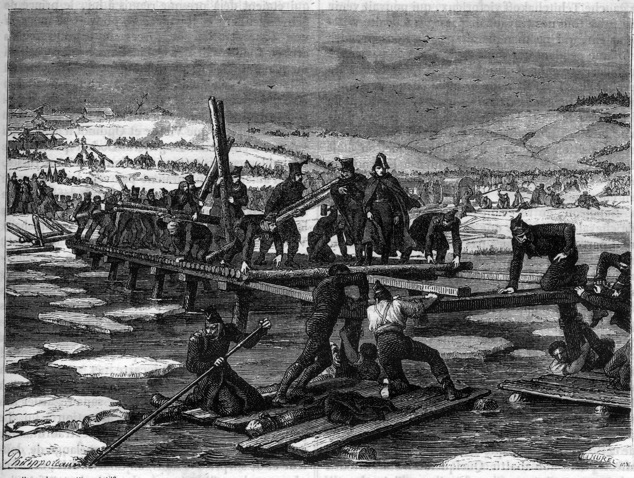Bitwa pod Berezyną, 26-29 listopada 1812 r., katastrofalna klęska Napoleona podczas odwrotu z Rosji - kampania rosyjska, odwrót: budowa dwóch mostów na Berezynie przez saperów mostowych Wielkiej Armii pod przewodnictwem G. autorstwa French School
