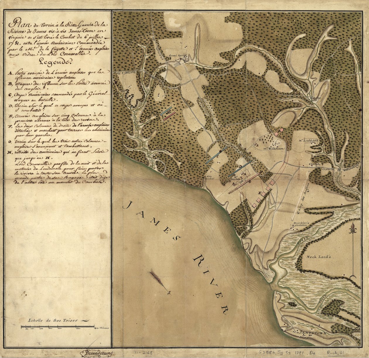 Bitwa pod Green Spring, mapa terenu na lewym brzegu rzeki James naprzeciw Jamestown w Wirginii, gdzie bitwa z 6 lipca autorstwa French School