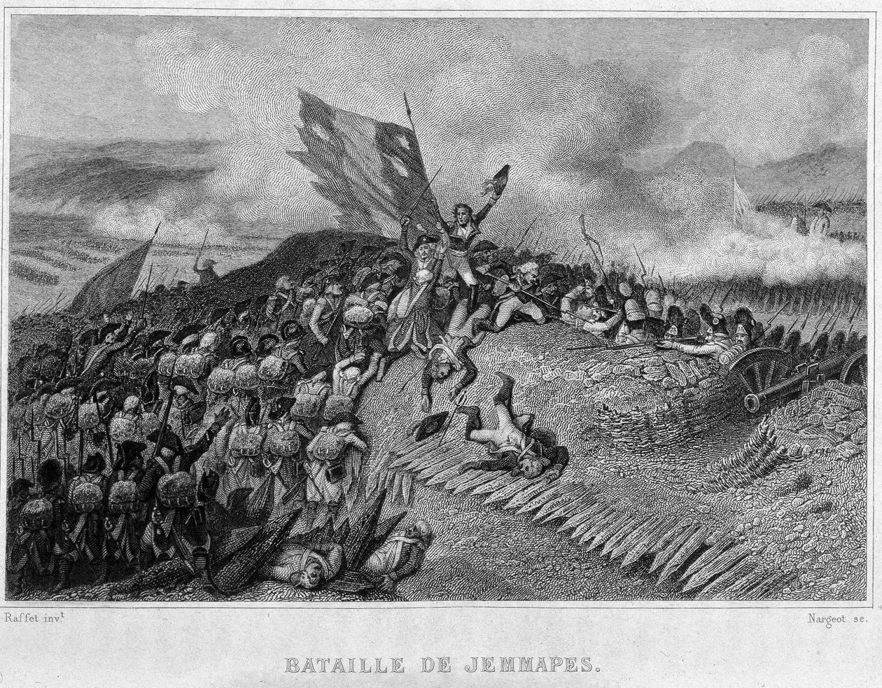 Bitwa pod Jemappes w 1792 r. (Zwycięstwo Francuzów pod dowództwem Dumourieza) - w „Revolution francaise” Thiersa. 19 wiek autorstwa French School