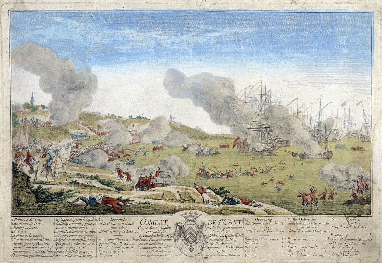 Bitwa pod Saint Cast, podczas której wojska francuskie Bretanii pokonały Anglików w 1758 roku. Ilustracja zachowała się w Muzeum w Dinan. autorstwa French School