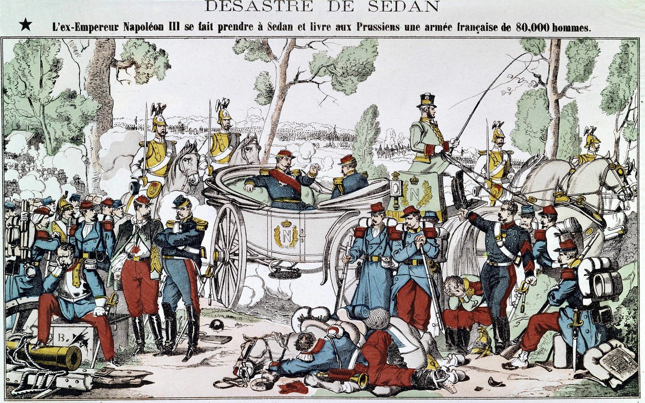 Bitwa pod Sedanem w 1870 roku. Były cesarz Napoleon III zostaje złapany pod Sedanem i dostarcza Prusom 80-tysięczną armię francuską, obraz kręgosłupa. autorstwa French School