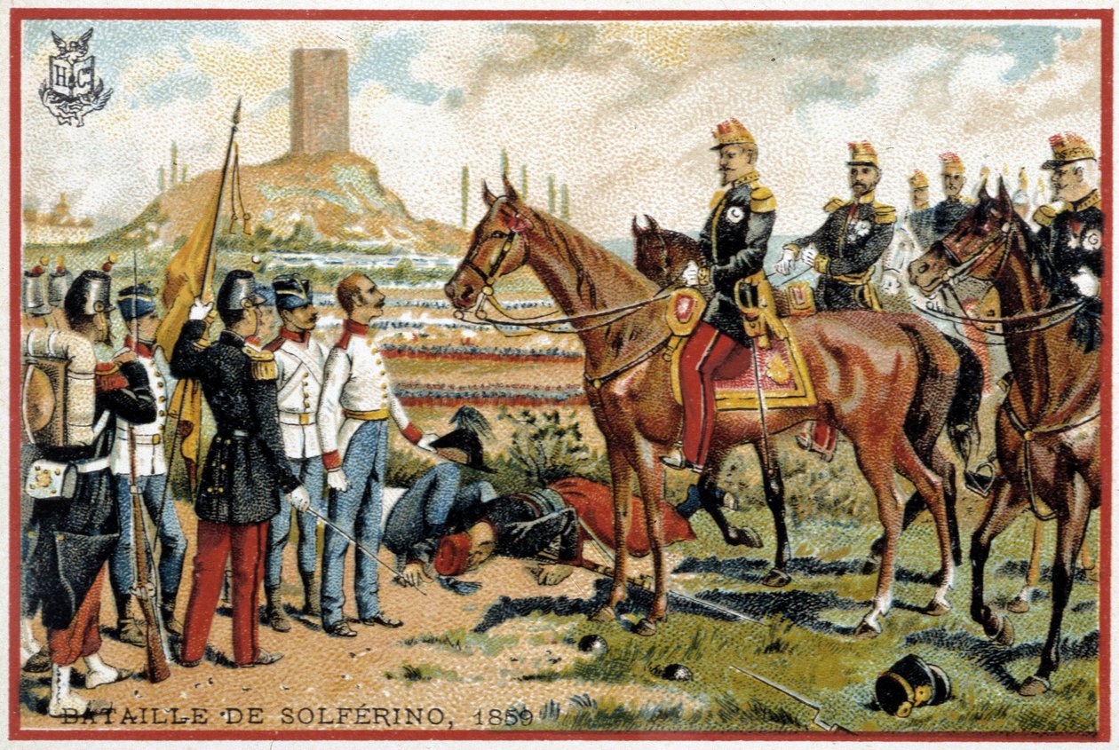 Bitwa pod Solferino: Zwycięstwo w bitwie pod Solferino z Austriakami w 1859 r. - dywizja Forey. Chromolitografia Liebiga autorstwa French School