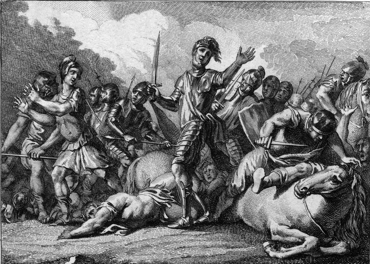 Bitwa pod Tolbiac, 496: Clovis 1st (466-511), król Franków, prosząc Boga o pomoc w pokonaniu germańskiego plemienia Alamanów. Rycina z XVIII wieku. autorstwa French School