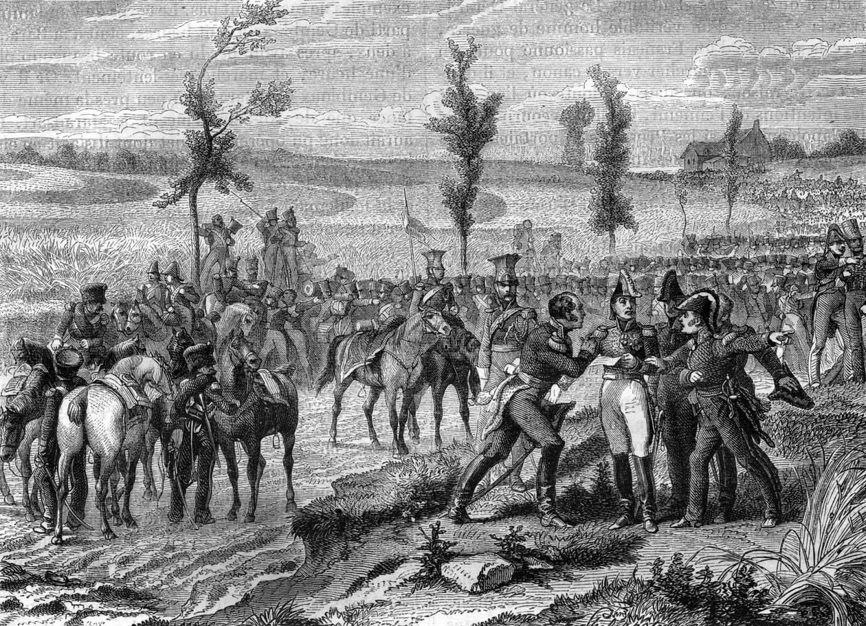 Bitwa pod Waterloo, wojna siódmej koalicji w 1815 r., ilustracja z „Historii imperium po historii konsulatu”, autorstwa Adolphe Thiersa autorstwa French School