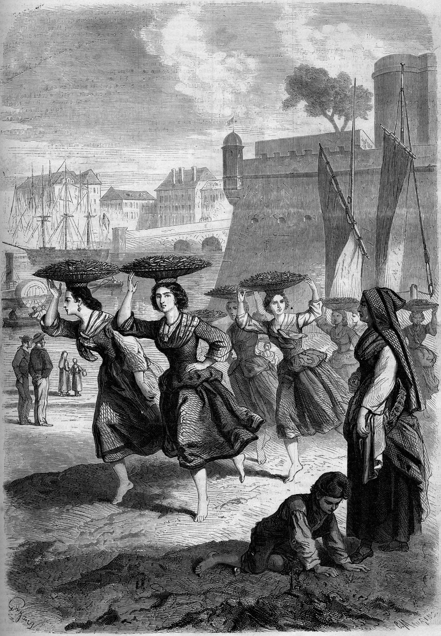 Kupcy sardynek z Bayonne udają się do Biarritz, Pyrenees Atlantiques (64) autorstwa French School