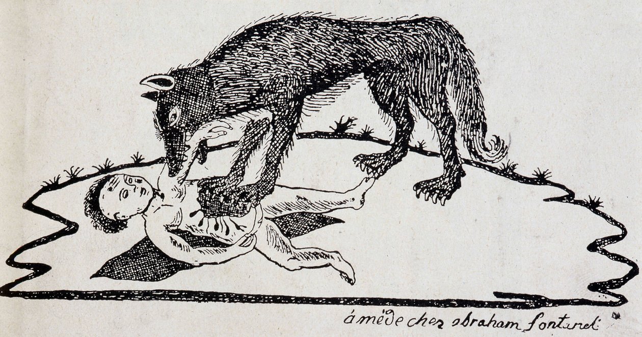 Bestia rozdarta dziecko (bestia z Gévaudan) - drzeworyt wydany w Mende (Archives du Puy-de-Dôme) autorstwa French School