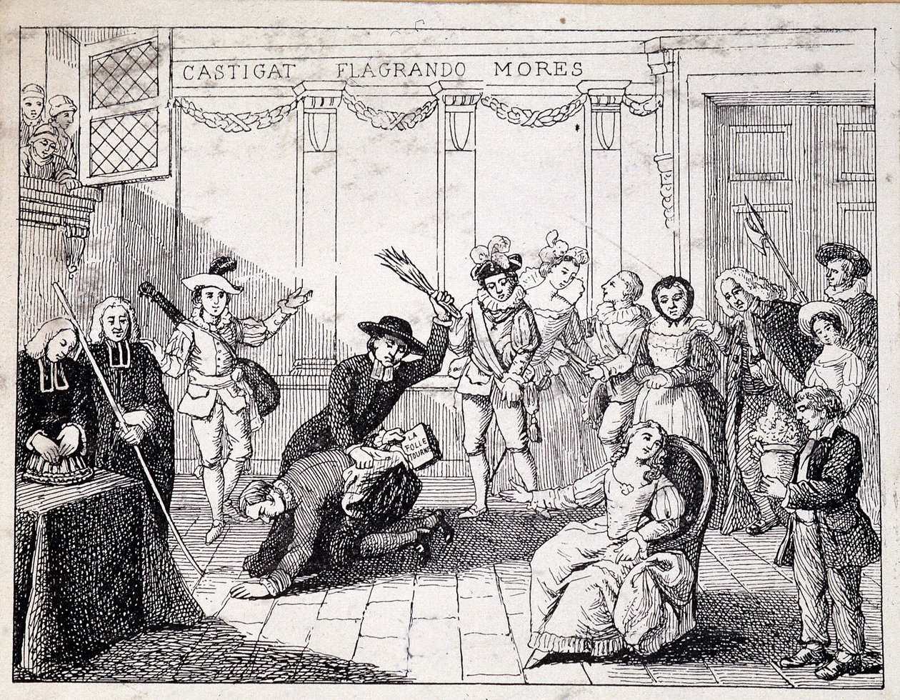 Beaumarchais biczujący się w Saint Lazare - scena sądzenia Beaumarchais, trzymającego w ręku broszurę "Folle journee" - z ap. obrazu Comedie Francaise, rycina autorstwa French School
