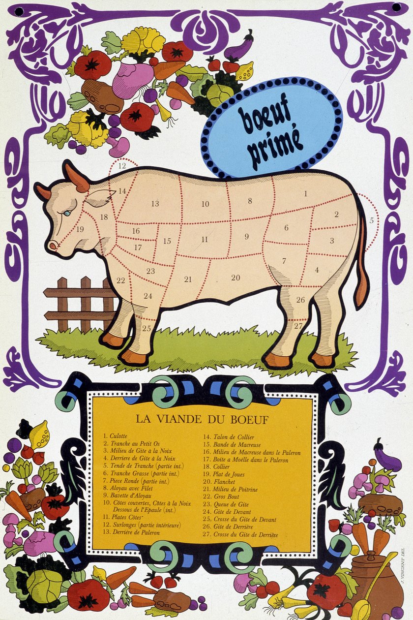 Mięso wołowe i jego kawałki - Plakat rzeźnika, XX wiek autorstwa French School
