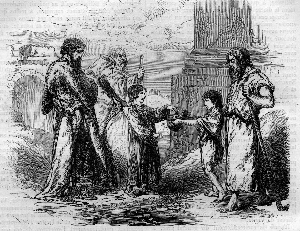 Belisaire (v.500-565) niewidomy i żebrzący na rozkaz Justyniana, któremu dał złoto i ziemię na sprzedaż. Grawer w „Histoire des Papes-Rois-Queen and Empereurs a travers les Century” Maurice Lachatre autorstwa French School