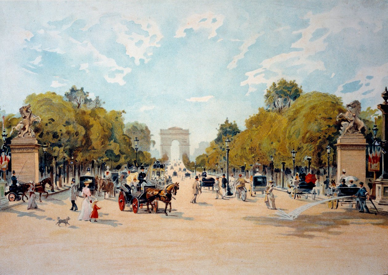 Belle Epoque: widok na Pola Elizejskie i Łuk Triumfalny w Paryżu. Anonimowa akwarela z 1895 r. Paryż, Sztuka dekoracyjna autorstwa French School