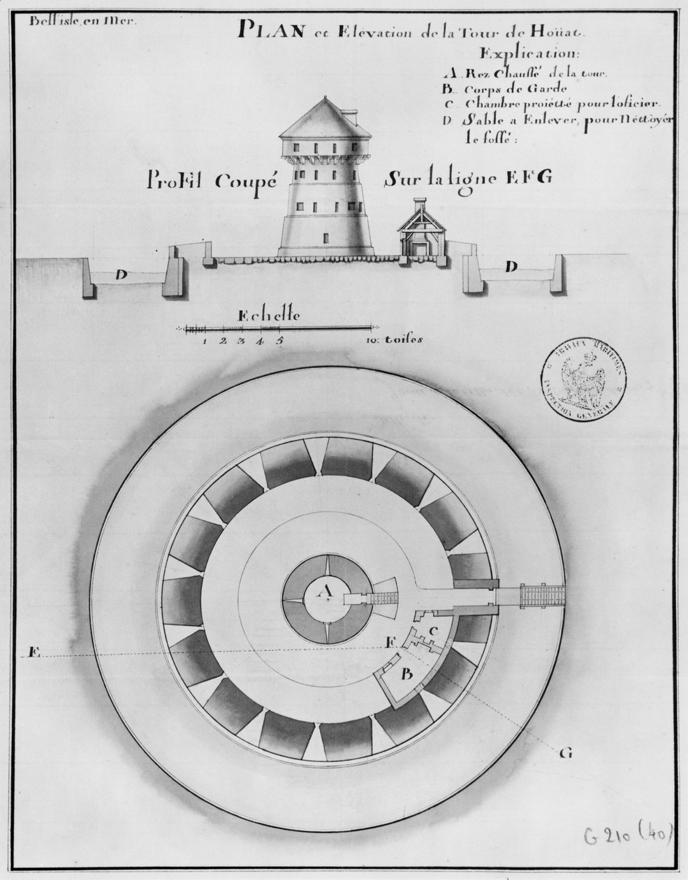 Belle Isle en Mer, Houat bokšto planas ir aukštis, 1745 m. (rašiklis, rašalas ir tualetas ant popieriaus)poli autorstwa French School