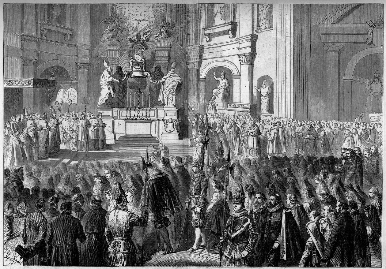 Błogosławieństwo papieża Piusa IX (1792-1878) ołtarza ambony kościoła św. Piotra w Rzymie, po renowacji. Ołtarz zbudowany w latach 1656-1658 przez Gianlorenzo Berniniego (Bernini autorstwa French School
