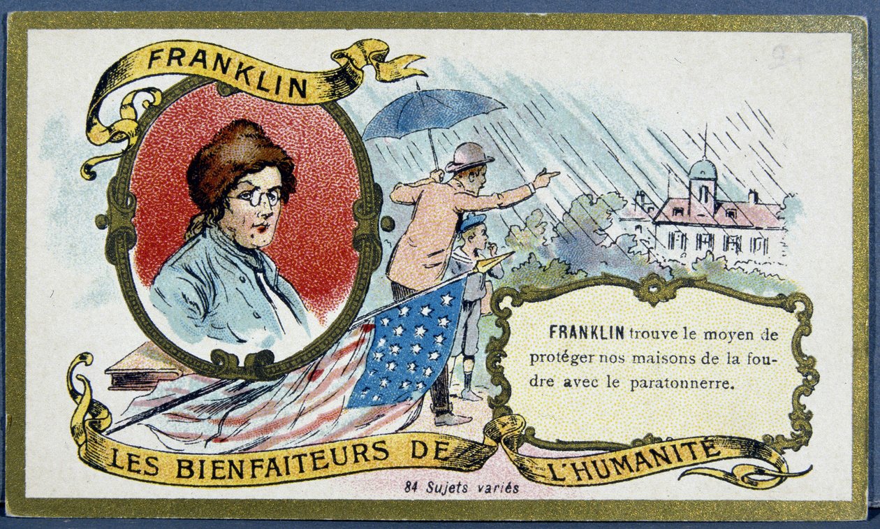 Benjamin Franklin, amerykański polityk i fizyk (1706-1790) i piorunochron - chrom., deb. XX wiek autorstwa French School