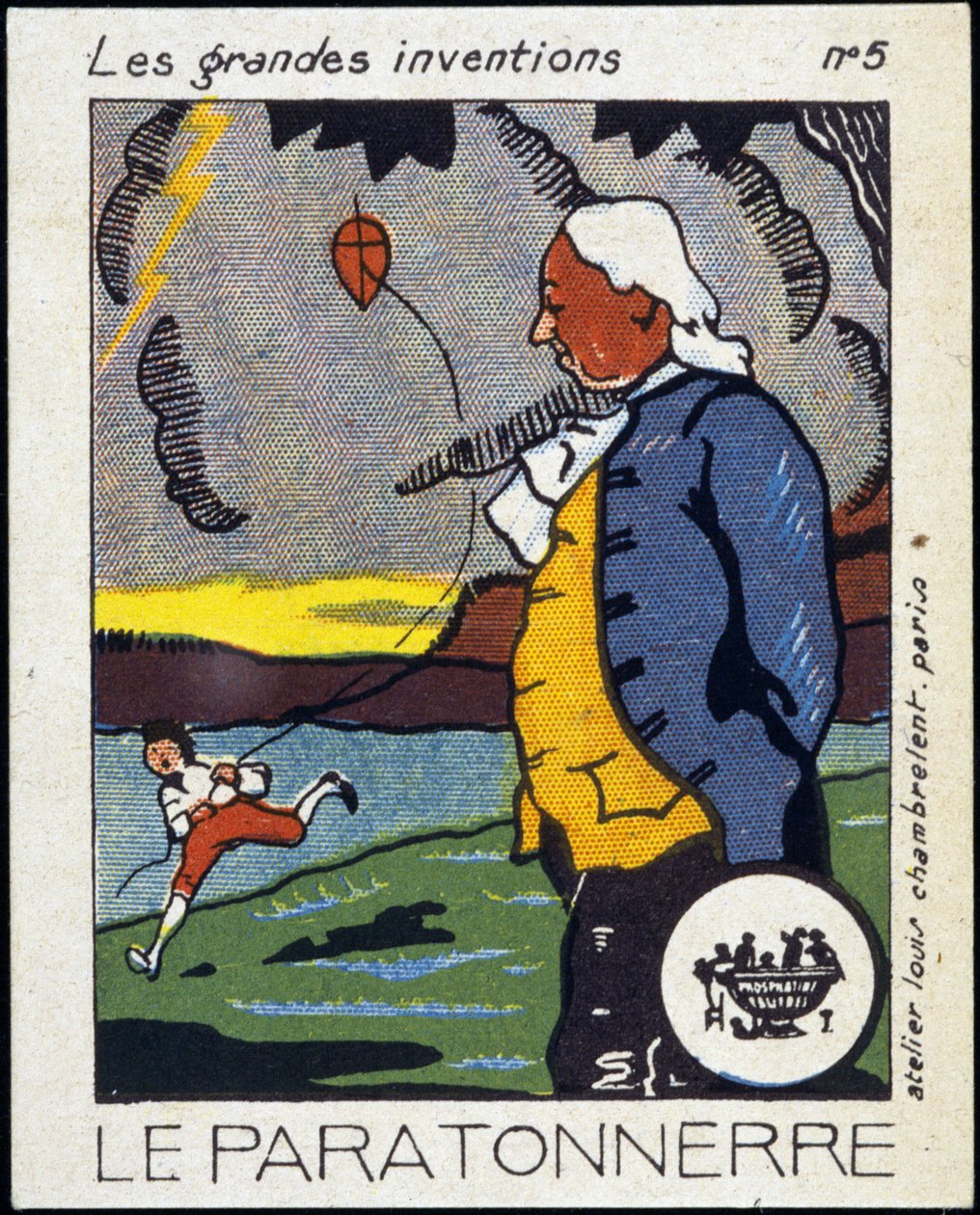 Benjamin Franklin, amerykański polityk i fizyk (1706-1790) i piorunochron (doświadczenie latawca) - Label, Deb. XX wiek autorstwa French School