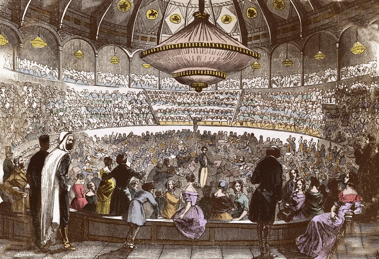 Berlioz dyryguje swoim koncertem 19 stycznia 1845 w Cirque Olympique w Paryżu - Hector Berlioz (1803-1869), w sali Cyrku Olimpijskiego Pól Elizejskich w Paryżu autorstwa French School