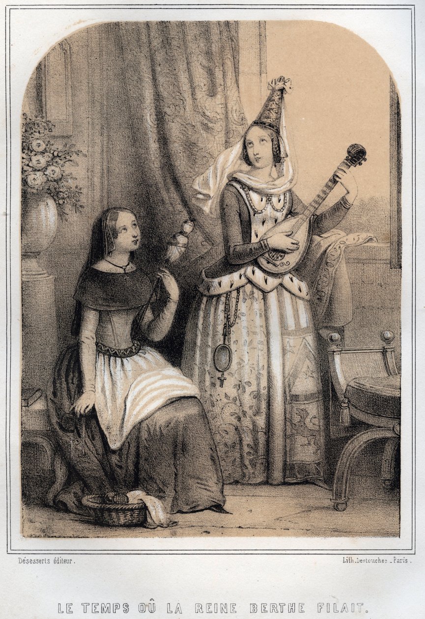 Berthe de Swabia (Burgundia) znana jako Filandiere lub królowa przędzenia (907-966) - grawer w „” THE SOURIES DE MON UNCLE MEMORIES ET RECITTS DE Voyages” MORING MICHEL - Koniec XIX wieku autorstwa French School