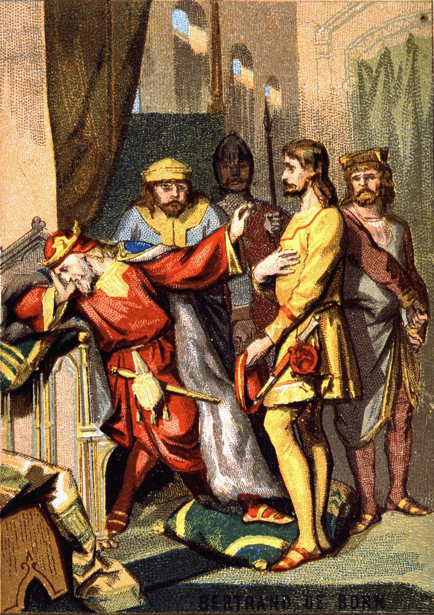 Bertran (Bertrand) de Born (1140 - 1215) trubadur perigordin, pan Hautefort, przed Henrykiem II (1133 - 1189) z Anglii. Chromolitografia z cyklu „Wychowanie patriotyczne przez obraz”. autorstwa French School