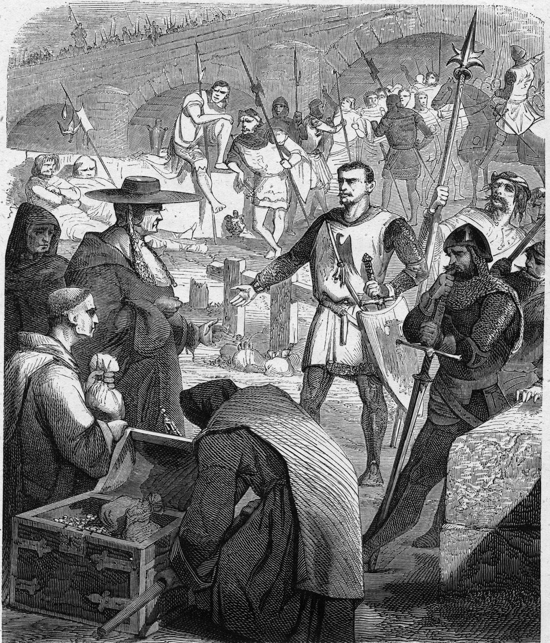 Bertrand du Guesclin (Duguesclin) (ok.1320-1380) konstabl z Francji odmawiający przyjmowania pieniędzy od mieszkańców Awinionu. Grawer w „Historii Francji w stu obrazach Paula Lehugeura” 1891. autorstwa French School