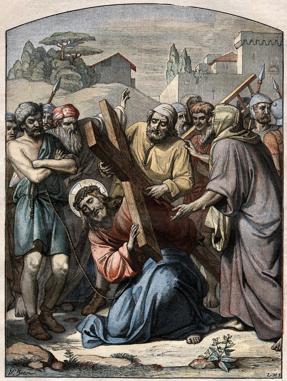Scena biblijna - Droga Krzyżowa: Jezus pomaga Szymona Cyrenejczyka (Cyrenejczyka). Grawer w „Le Pelerin” z 13 września 1896 r. autorstwa French School