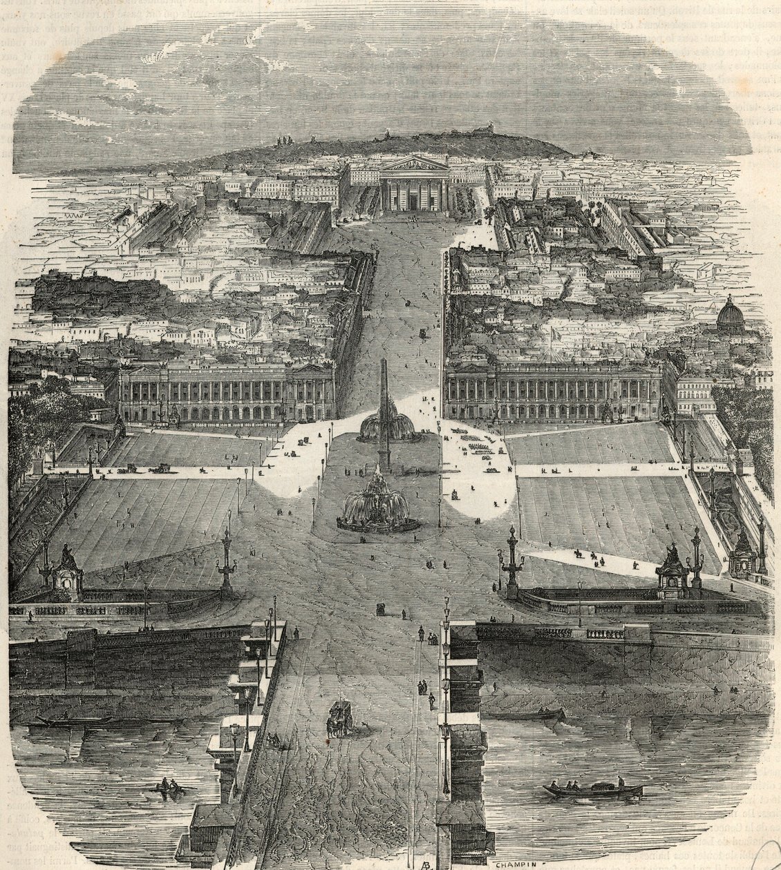 Widok z lotu ptaka na Place de la Concorde, rue Royale z kościołem Madeleine - Grawerowanie w „Tableau-de-Paris” autorstwa Edmonda Texiera 1852 autorstwa French School
