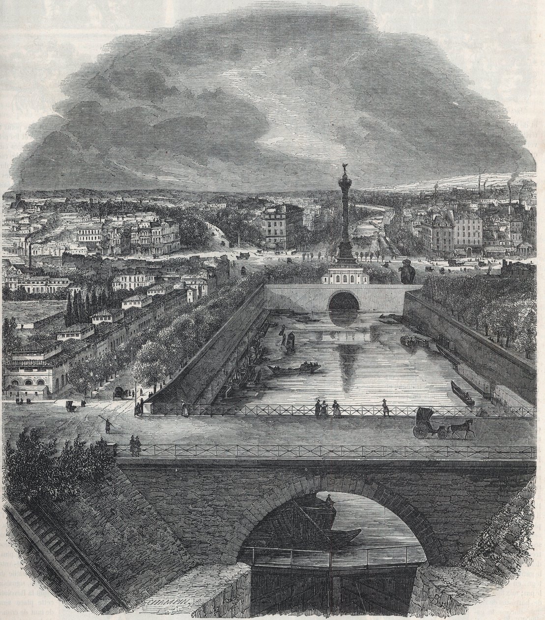Widok z lotu ptaka na kanał Saint-Martin (Saint-Martin), Place i dzielnicę Bastylii, wzięty z prawego brzegu Sekwany - Grawerowanie w „Tableau-de-Paris” autorstwa Edmonda Texiera 1852 autorstwa French School