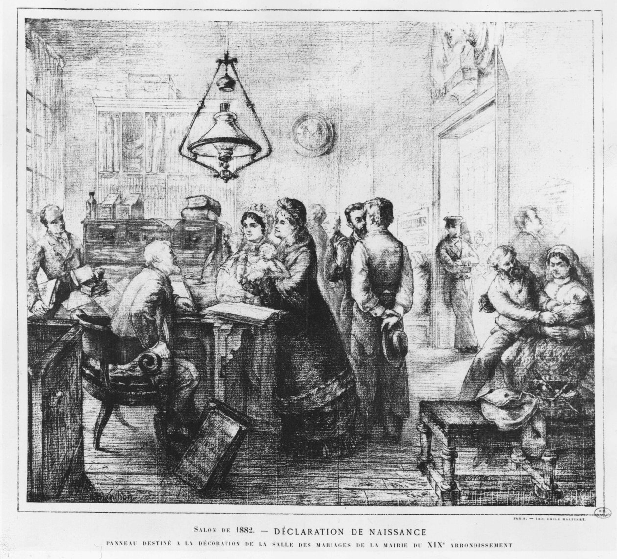 Deklaracja urodzenia - rysunek H.E Blanchon, w „La vie moderne”” autorstwa French School